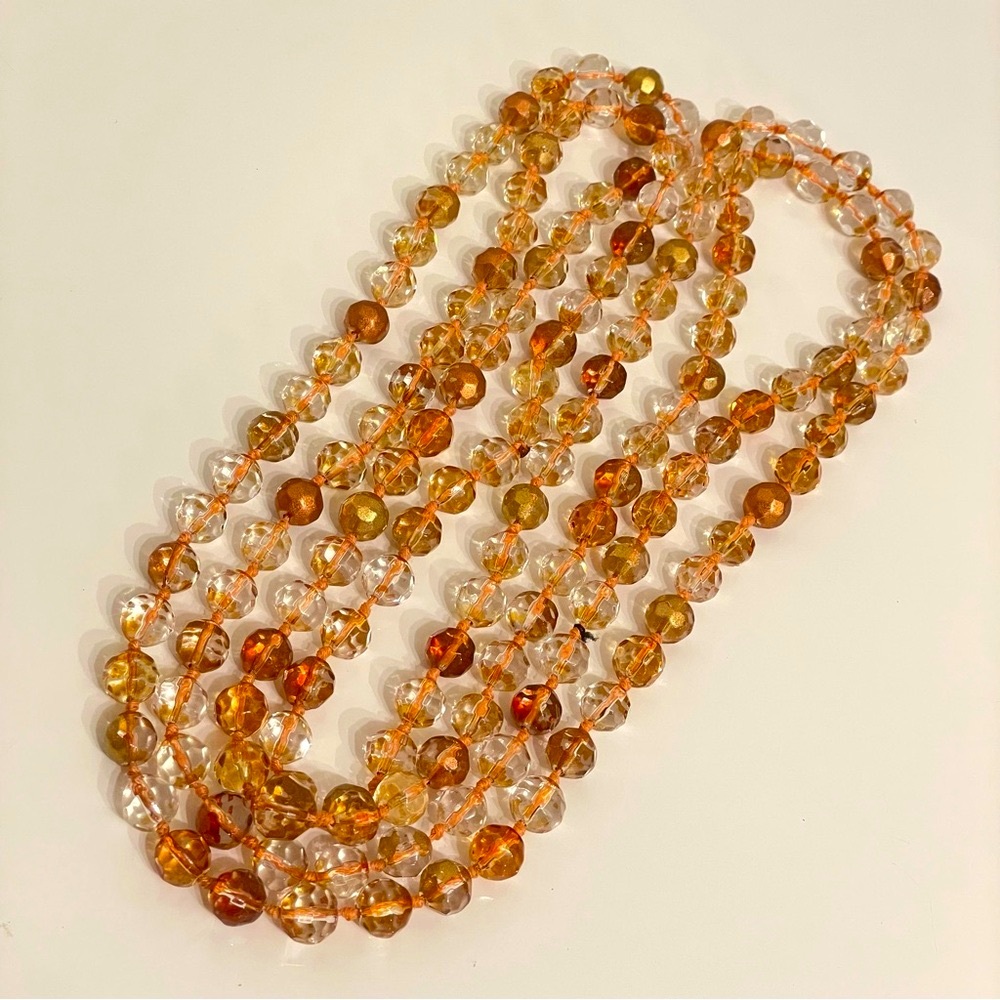 Stunning Vintage Amber Clear Faceted Rondelle Glass Knotted Extra Long Necklace